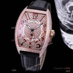 Luxury Franck Muller Quartz Iced Out Rose Gold Black Leather Strap Copy Watches